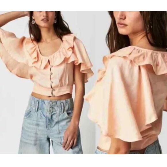 Free People Sweet Times peach linen top size L - Picture 1 of 7